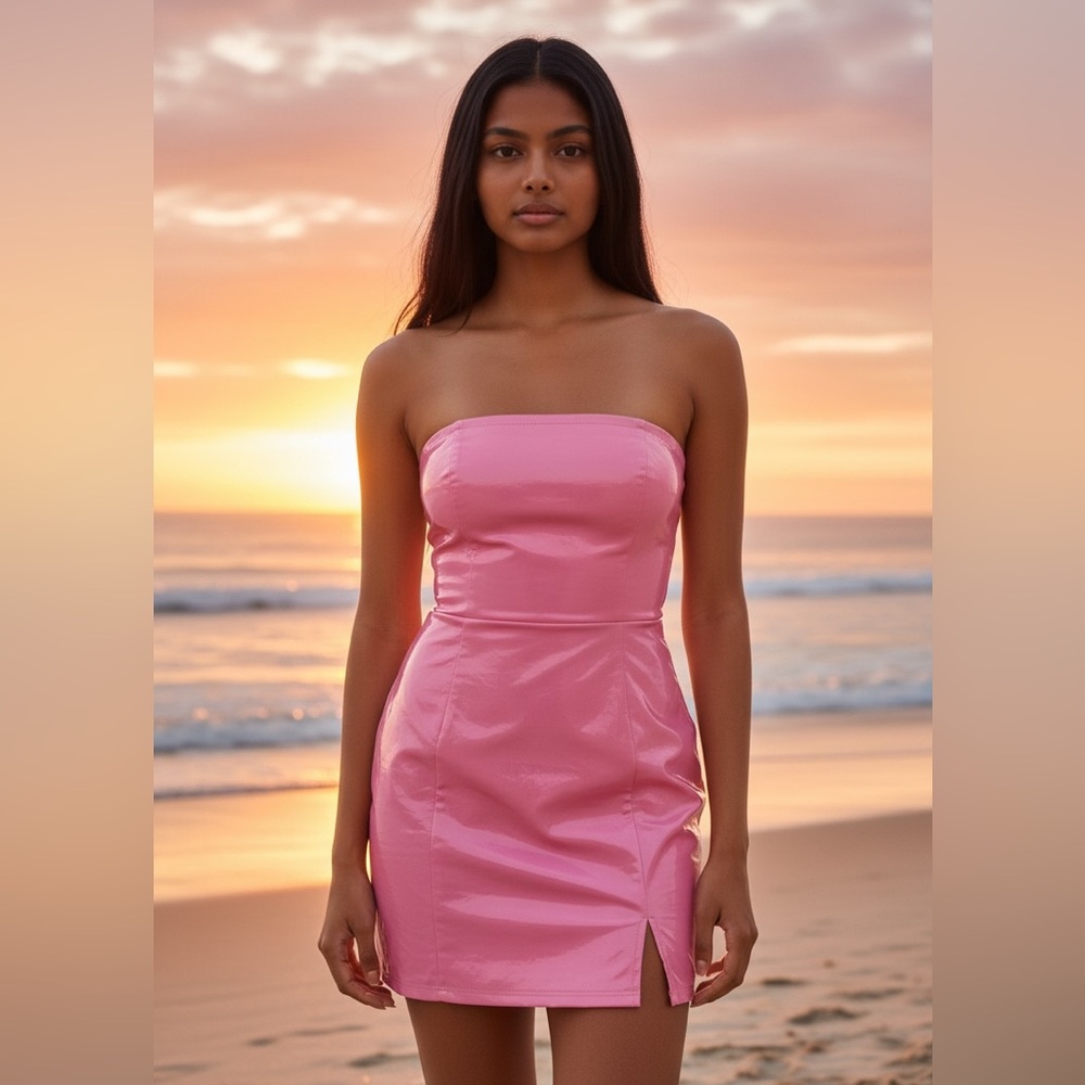 Shiny Pink Pleather Strapless Dress- Size L